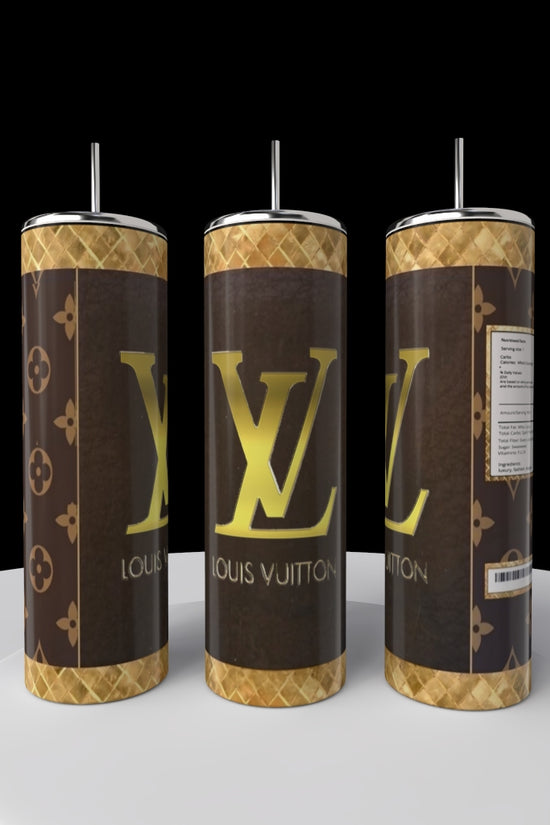 Three LV 20oz Skinny Tumblers by Kreative Kreationz feature a luxury-inspired design with a prominent 