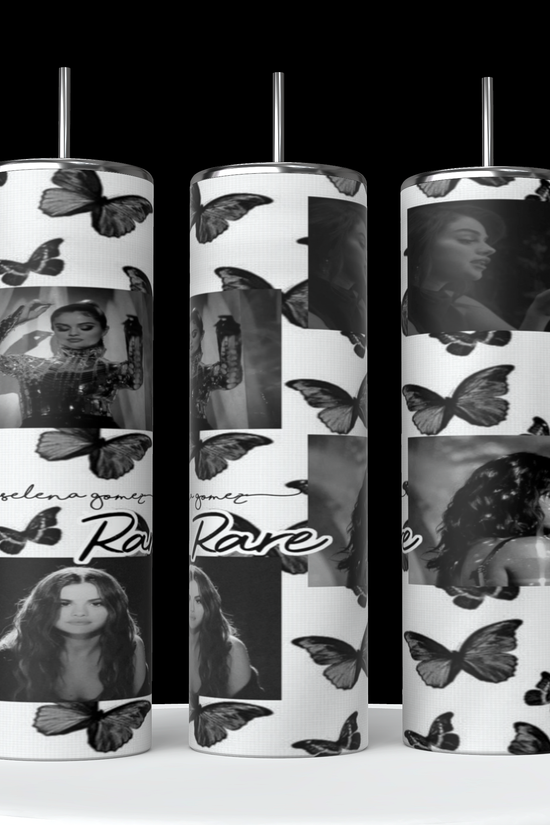 Three Selena Gomez Butterflies 20oz Stainless Steel Tumblers by Kreative Kreationz are shown with black and white designs featuring Selena Gomez in various poses, along with butterflies and the text “Rare.” The background is predominantly white, adorned with images of the same woman intermixed with butterfly illustrations.