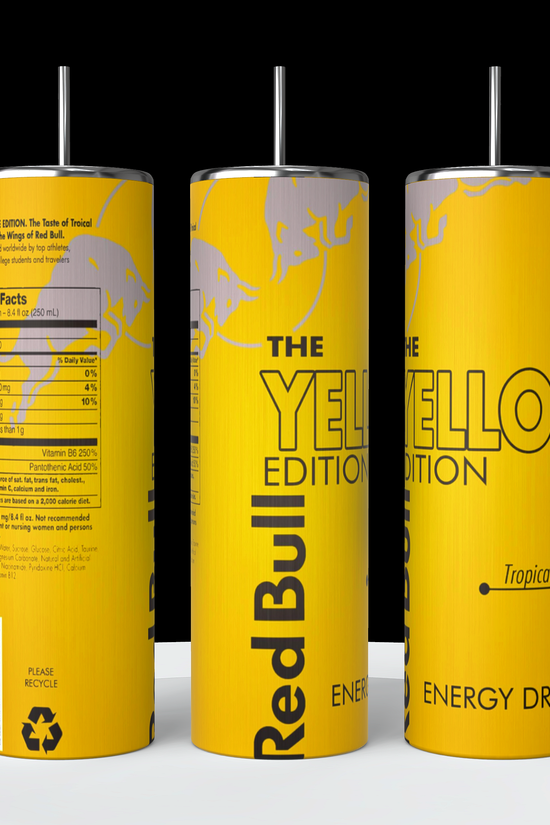 A collection of Red Bull lovers 20oz Tumblers from Kreative Kreationz, each displaying a different Red Bull flavor and distinct vibrant color. Arranged from left to right: Winter Edition (blue), Orange Edition (orange), Beach Edition (peach), Coconut Edition (white), Summer Edition (green), Original (silver), Sugarfree (white and blue stripe), and Tropical (yellow). Perfect for carrying your favorite energy drink without worrying about spills.