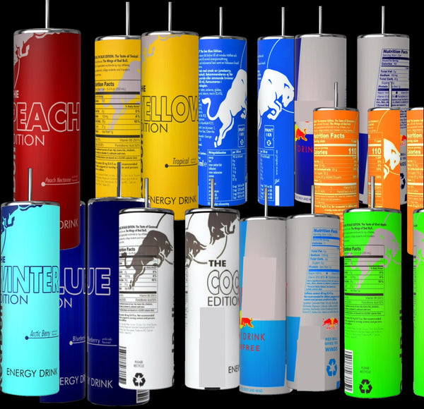 Assorted Red Bull cans in various flavors are arranged beside a Kreative Kreationz RB Lovers 20oz Tumbler from the stainless steel collection, featuring a spill-proof lid and visible branding.