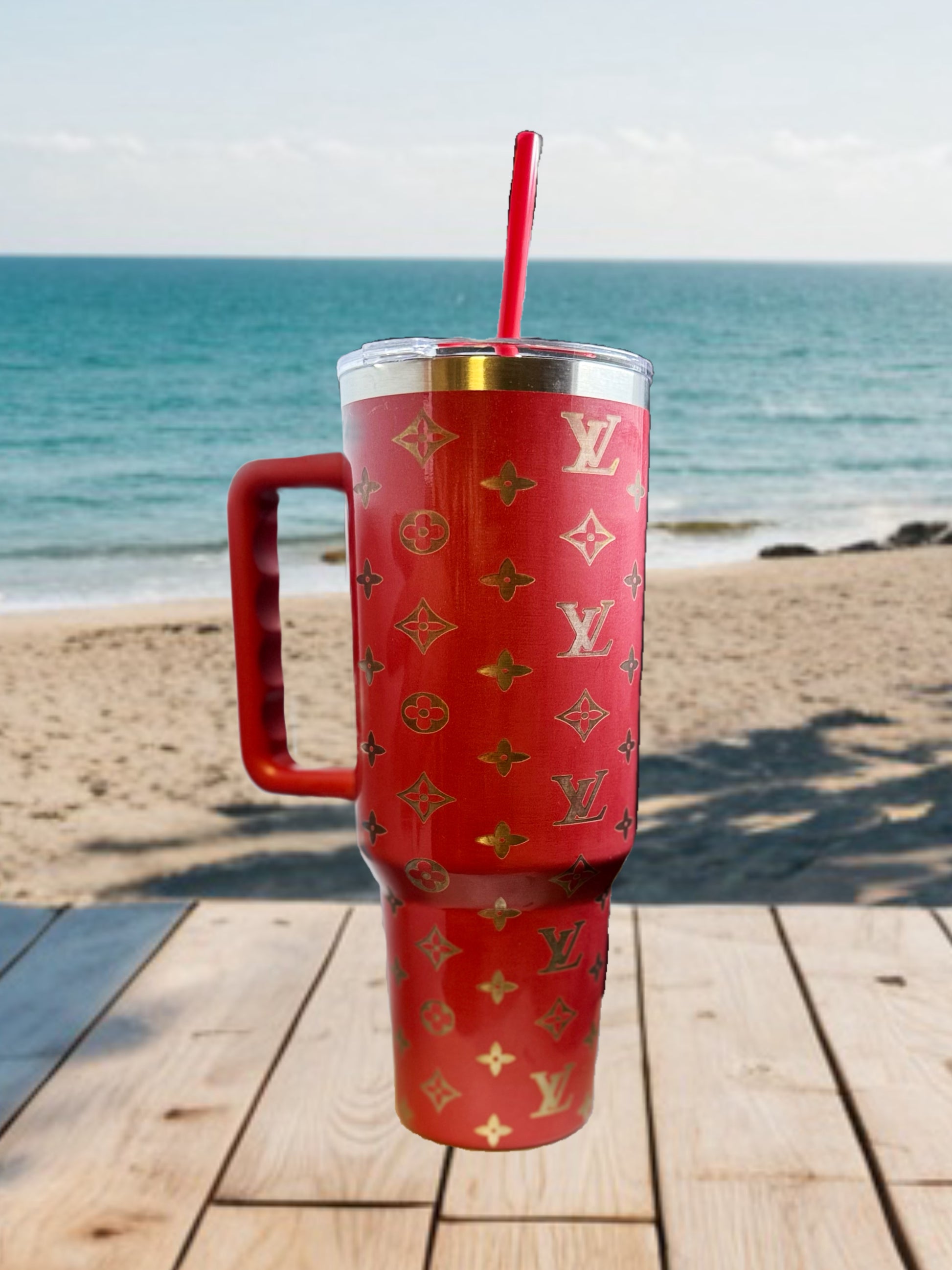 Louis Vuitton Inspired Gold Etched Engraved 40oz Stainless Steel Tumbler
