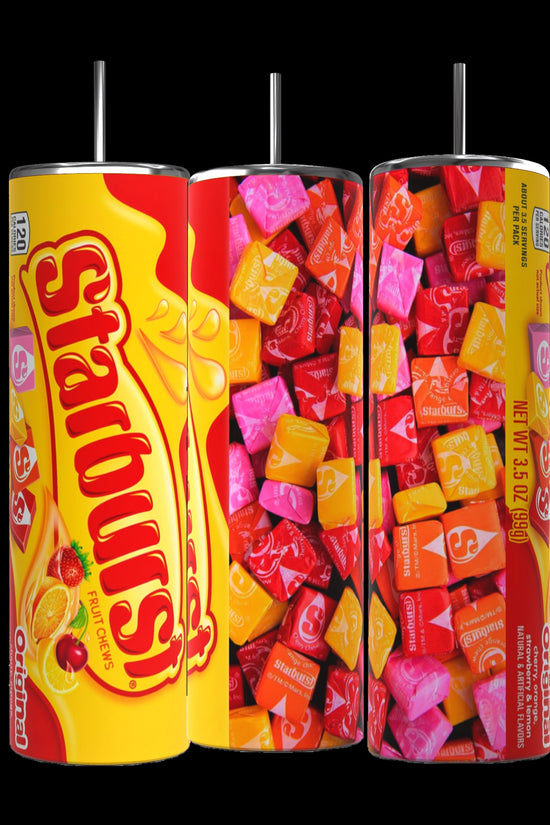 Explore Kreative Kreationz's Starburst 20oz Stainless Steel Tumbler collection, featuring three vibrant, eco-friendly designs inspired by iconic yellow packaging and colorful candy collages, perfect for energizing your drinkware with a splash of color.
