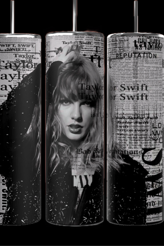 Three Taylor Swift Reputation Newspaper 20oz Tumblers from Kreative Kreationz feature a black-and-white image of a woman with wavy hair and a newsprint-style background. The central tumbler depicts the woman posing with one hand in her hair, accompanied by 
