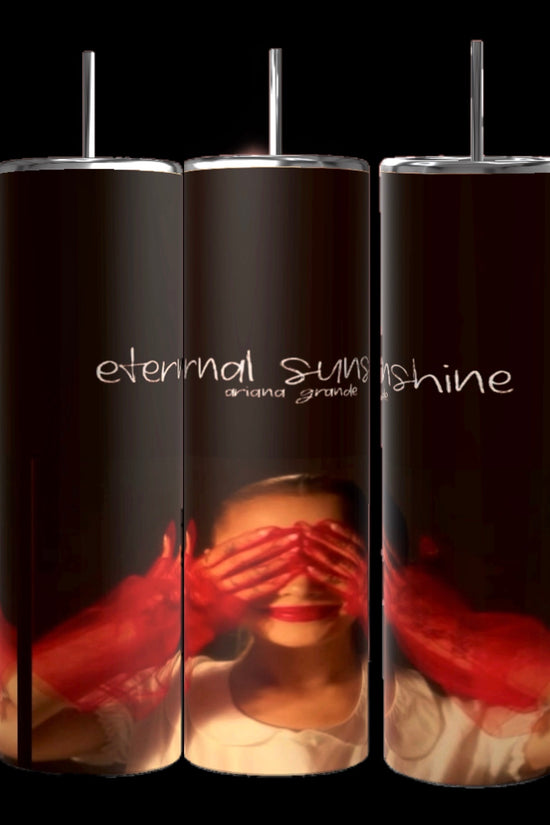 Three Ariana Grande External Sunshine 20oz Tumblers by Kreative Kreationz are displayed in a row, showcasing a dark design featuring the phrase 