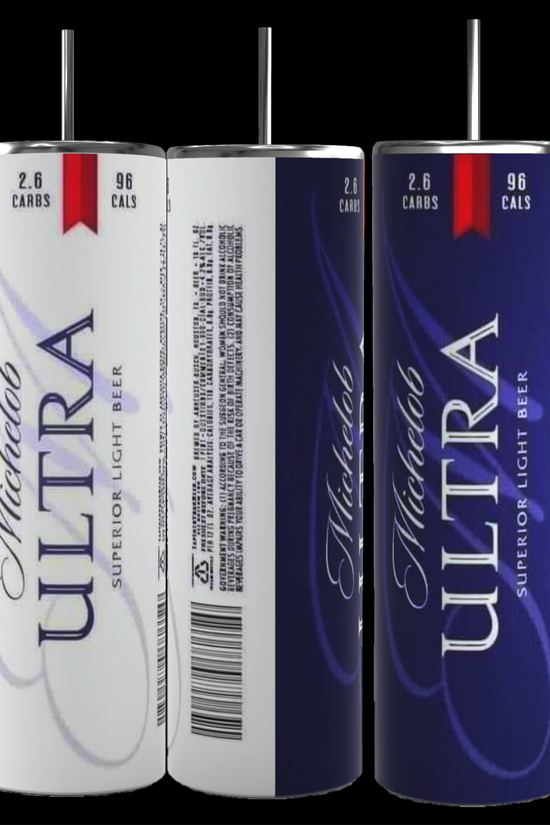 Three Michelob Ultra beer cans are displayed: one with a white background, another showcasing a barcode, nutritional data, and text, and the third boasting a dark blue background. Nearby is a sleek 20 oz stainless steel skinny tumbler from Kreative Kreationz featuring the Michelob Ultra logo. The labels on the cans indicate the beer contains 2.6 grams of carbs and 96 calories.