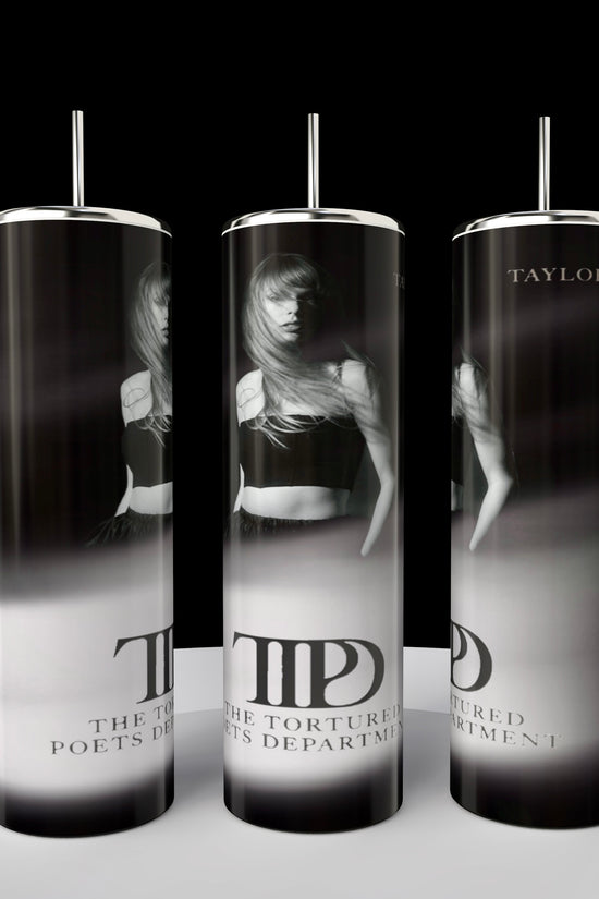 The TTPD | Tumbler by Kreative Kreationz features three 20oz Skinny Tumblers adorned with black-and-white images of a person and text reading 