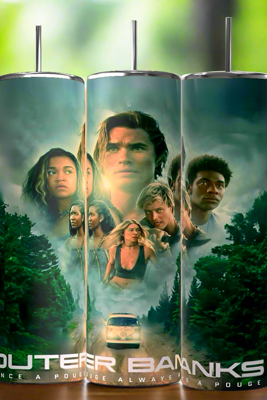 The Kreative Kreationz Outer Banks 20oz Tumbler features series characters with a forest, car, and dramatic skies, plus the quote “Outer Banks. Once a Pogue, Always a Pogue.” Includes spill-proof lid for easy sipping.
