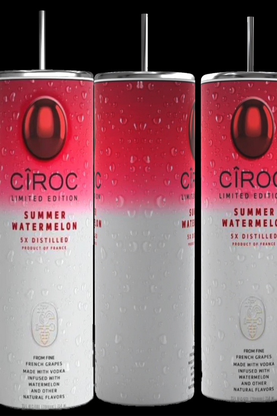 Two cans of Kreative Kreationz Ciroc 20oz Tumbler with 3D Lid Topper are shown on a wooden surface, reminiscent of travel tumblers. The left can is Red Berry flavor, topped with ice and a cherry. The right can is Vodka Snap Frost flavor, topped with ice and a lemon slice. Both cans feature product information and branding.