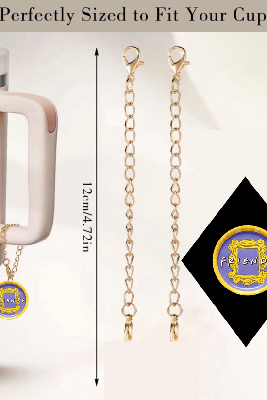 The Friends Charm Dangle by Kreative Kreationz is a pink cup accessory featuring a 12 cm gold chain with a handcrafted tumbler and round charm in a purple frame. Above, 