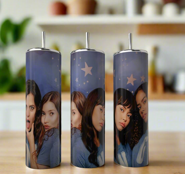 Three Ginny & Georgia Girls 20oz Tumblers by Kreative Kreationz are shown side by side, each featuring four expressive young women on a blue background with stars for a stylish, luxury-inspired look.