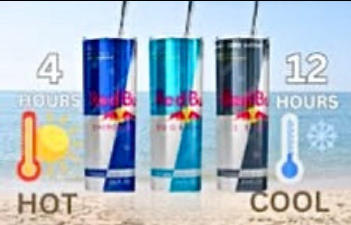 Three Red Bull cans sit on a beach beside a Kreative Kreationz Stainless Steel 20oz Tumbler, which features a spill-proof lid and keeps drinks hot for 4 hours or cold for 12; sun, snowflake, and thermometer icons add flair.