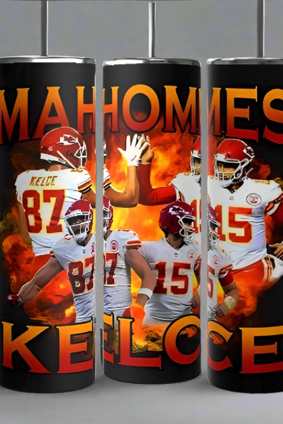 Enjoy your drinks with the Kansas City Chiefs 20oz Skinny Tumbler set by Kreative Kreationz, featuring players #87 and #15 in red and white with flaming backgrounds. Crafted from eco-friendly materials, they showcase 