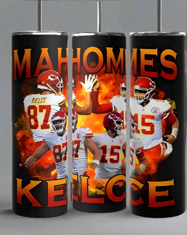 Enjoy your drinks with the Kansas City Chiefs 20oz Skinny Tumbler set by Kreative Kreationz, featuring players #87 and #15 in red and white with flaming backgrounds. Crafted from eco-friendly materials, they showcase "Mahomes" and "Kelce"—ideal for fans!.