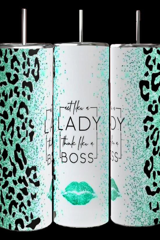 Three teal and black leopard print tumblers are displayed. The center tumbler is a Boss Lady 20oz Tumbler from Kreative Kreationz, featuring the text 