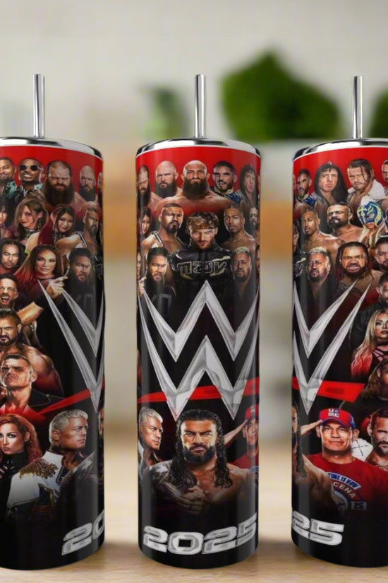 The Kreative Kreationz WWF Collage 20oz Tumbler features a reusable stainless steel design with WWE wrestlers, the WWE logo at the center, and “2025” at the bottom. A blurred background highlights these eco-friendly tumblers and wrestler faces.