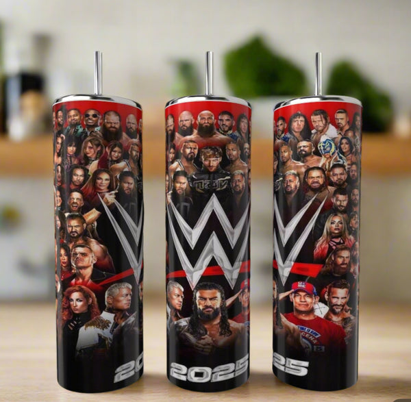 The Kreative Kreationz WWF Collage 20oz Tumbler features a reusable stainless steel design with WWE wrestlers, the WWE logo at the center, and “2025” at the bottom. A blurred background highlights these eco-friendly tumblers and wrestler faces.