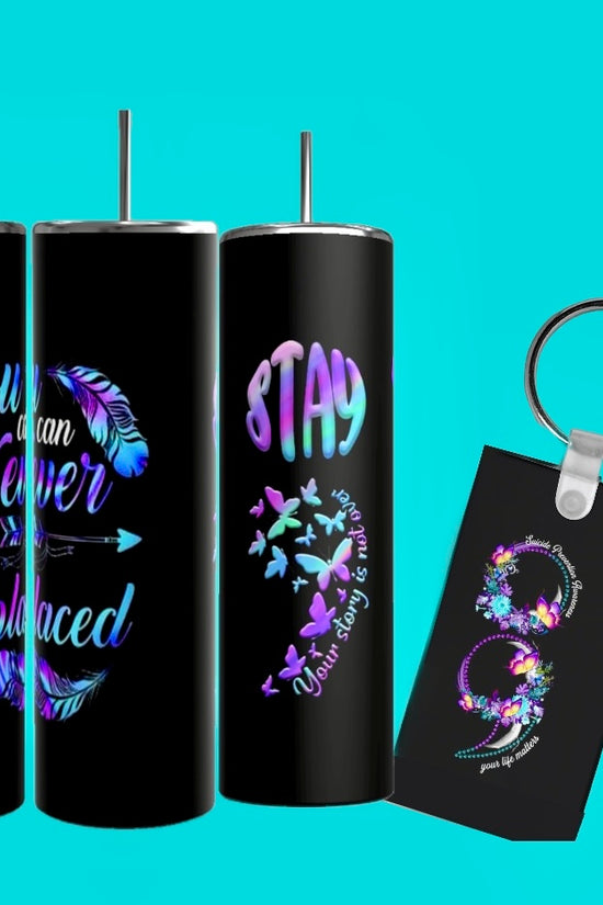 Three black tumblers with vibrant inspirational text and feathers are featured alongside the Kreative Kreationz Suicide Awareness Gift Set, which includes a “you matter” keychain and card. Blue, purple, and pink accents stand out on a bright turquoise background.
