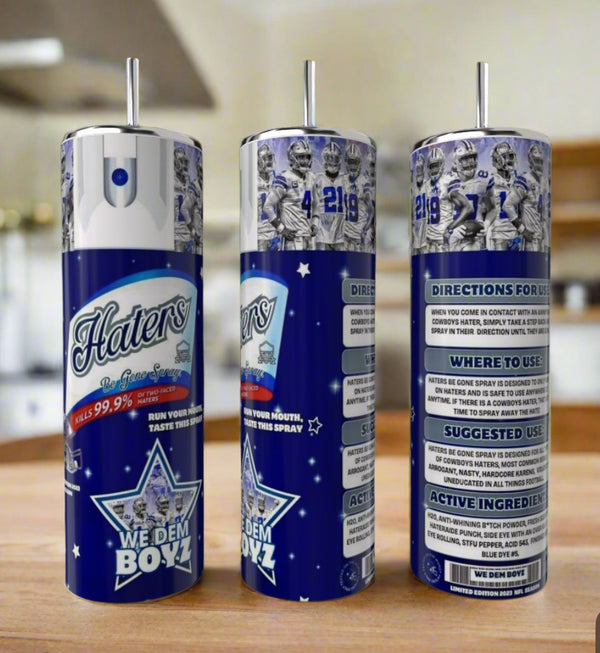 Three Kreative Kreationz Cowboys 20oz Skinny Tumblers with "Haters Repellent" Dallas Cowboys graphics stand on a kitchen counter, each featuring instructions and ingredients, spill-proof lids, and reusable straws in the background.