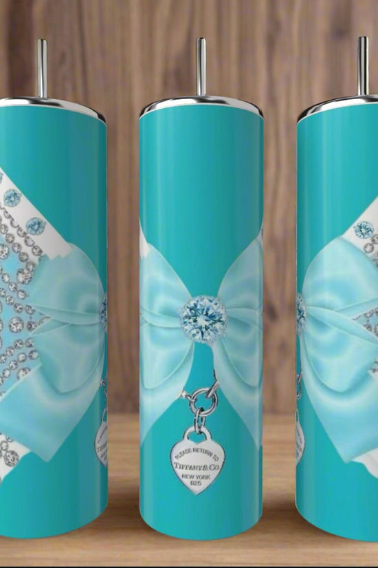 Three Tiffany Lace Locket Wraparound 20oz Tumblers by Kreative Kreationz, featuring silver lids, straws, and jeweled bows with 