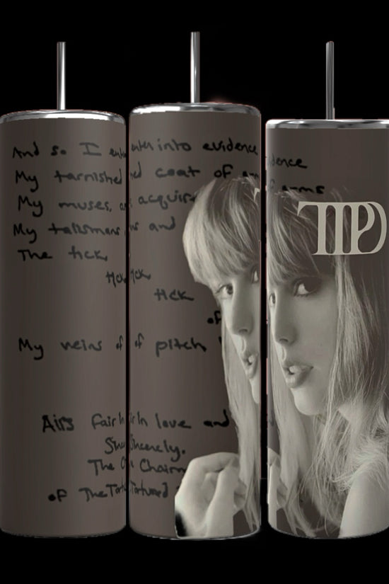 A set of three TTPD The Manuscript 20oz Tumblers by Kreative Kreationz featuring a grayscale image of a woman with long hair and bangs. One tumbler proudly displays a stylized 