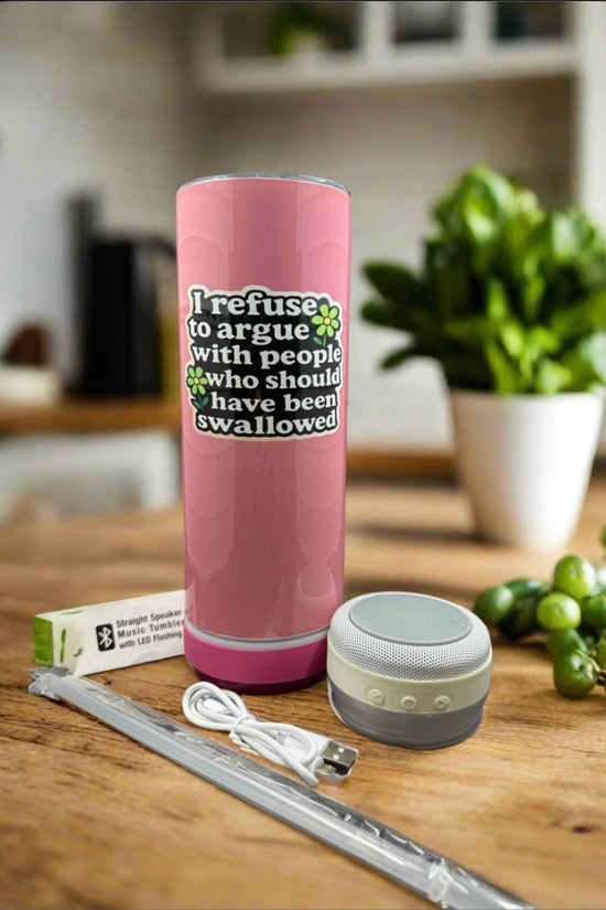 A Kreative Kreationz Customized 20oz Bluetooth Tumbler in pink, featuring 