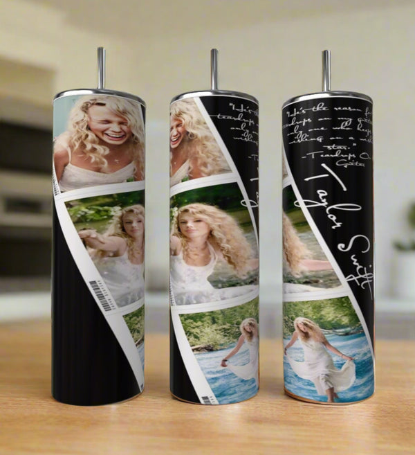 The Kreative Kreationz Debut Polaroid Taylor Swift 20oz Skinny Tumblers feature photos of Taylor Swift in a white dress outdoors, with fields and water behind her, plus white handwritten text on a black background.