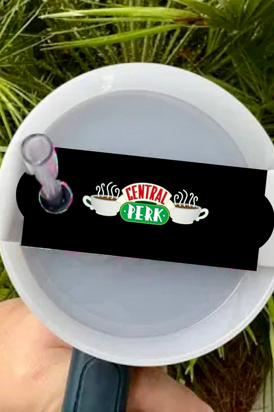 A close-up of the Friends Stanley Lid Topper by Kreative Kreationz features a white circular lid with the 