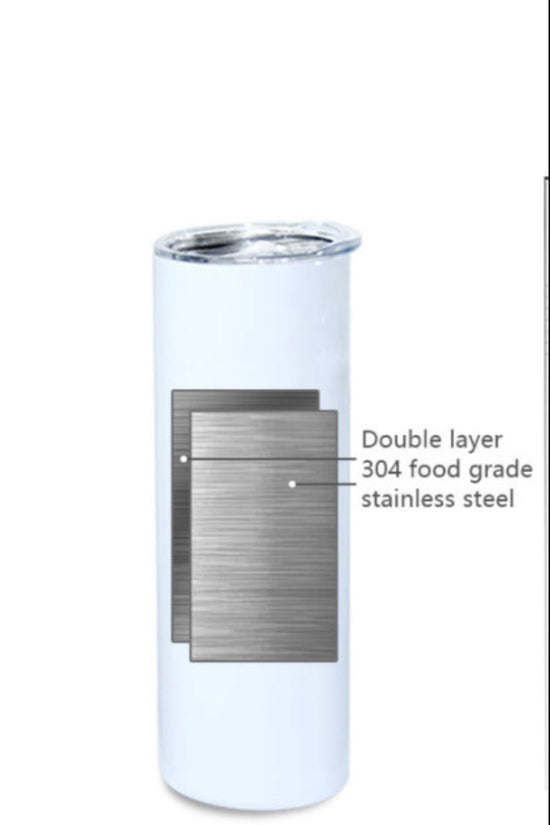 Displayed is a Kreative Kreationz Yellowstone 20oz white insulated tumbler with a silver lid. It showcases a cross-section of two layers of 304 food-grade stainless steel, ideal for maintaining your drink's preferred temperature.