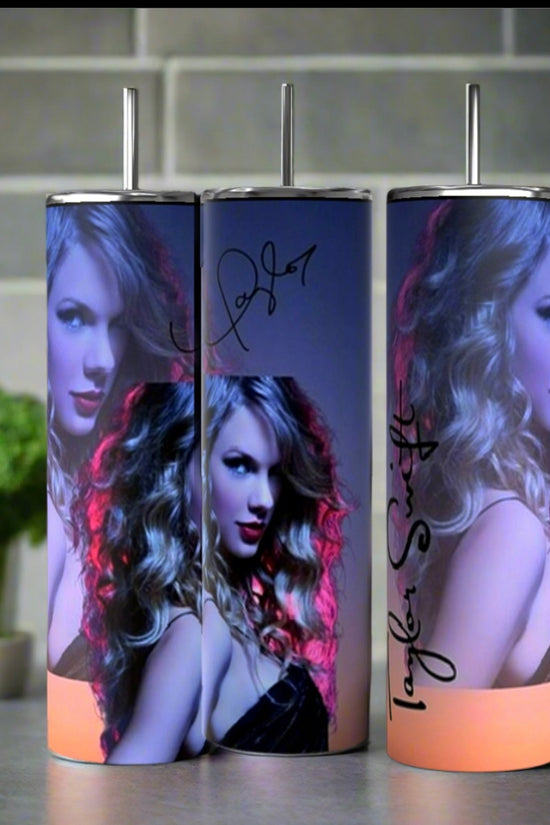 Three Kreative Kreationz Taylor Swift Aesthetic 20oz Tumblers with straws are arranged on a kitchen counter, showcasing a woman with curly blond hair and two signatures. Eco-friendly vibes: broccoli is visible against the tiled backsplash.