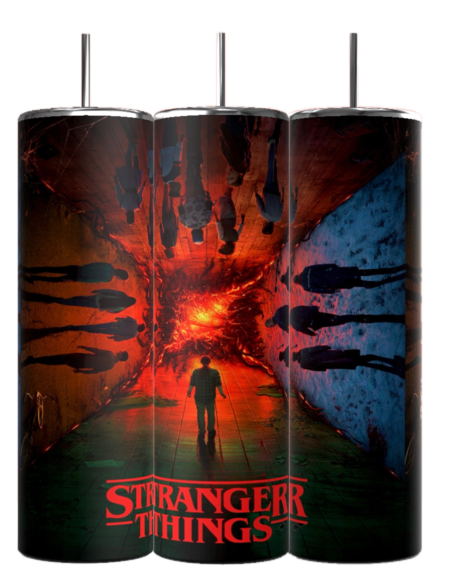 Kreative Kreationz presents the "Stranger Things" 20oz stainless steel tumblers, featuring striking designs. The outer two depict shadowed figures, while the center tumbler shows a lone figure against a fiery vortex. Durable and eco-friendly, each tumbler prominently displays the series title at the bottom.