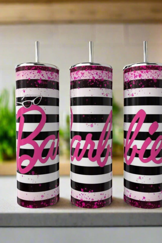 The Kreative Kreationz Barbie Stripe 20oz Tumblers come in a set of three, each with black and white stripes, pink splatters, bold pink 