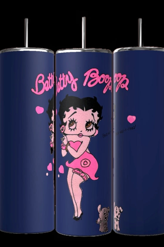 The Kreative Kreationz Betty B Navy 20oz Skinny Tumbler features a cartoon character in a pink dress with 