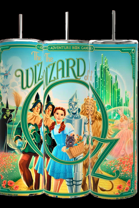 The Wizard of Oz Tumbler by Kreative Kreationz features eco-friendly tins with Dorothy, Scarecrow, Tin Man, and Cowardly Lion against Emerald City and poppy fields. 