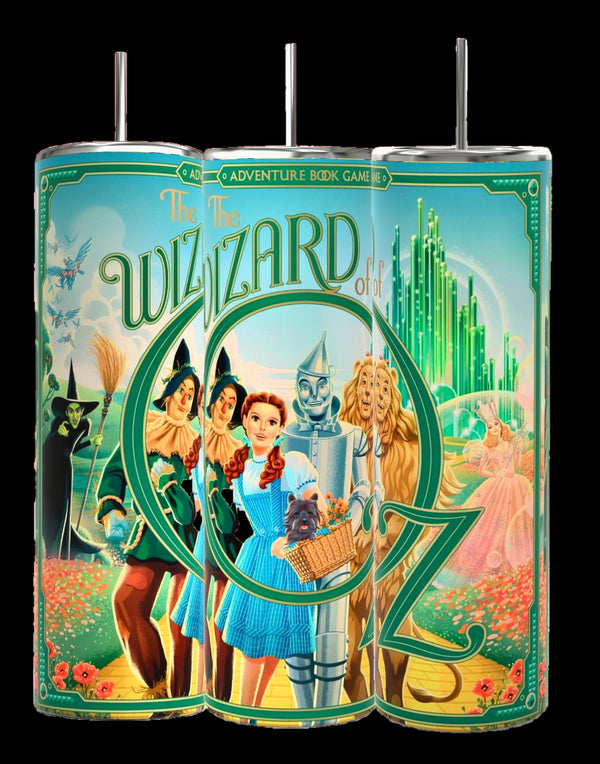 The Wizard of Oz Tumbler by Kreative Kreationz features eco-friendly tins with Dorothy, Scarecrow, Tin Man, and Cowardly Lion against Emerald City and poppy fields. "Adventure Book Game" is emblazoned on top—a must-have for any Wizard of Oz fan's collection.