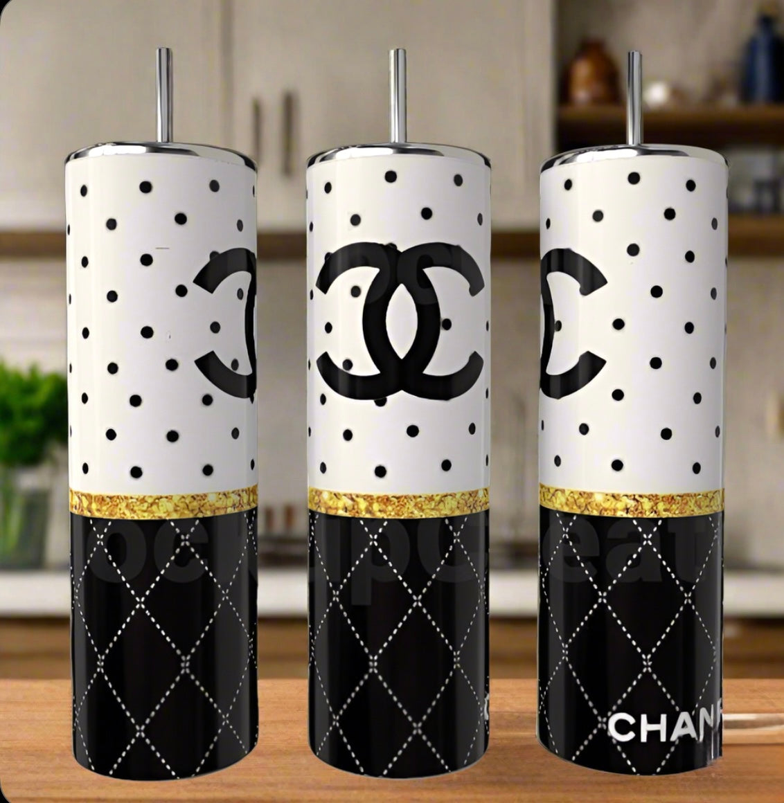 Set of three Chanel 20oz Skinny Tumblers by Kreative Kreationz, featuring black and white polka dots, a gold glitter stripe, quilted patterns, straws, and bold Chanel logos—must-have luxury drinkware for collectors.