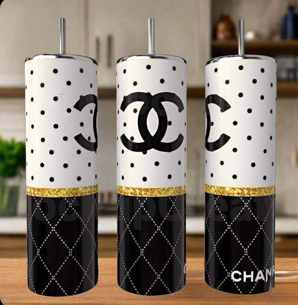 Set of three Chanel 20oz Skinny Tumblers by Kreative Kreationz, featuring black and white polka dots, a gold glitter stripe, quilted patterns, straws, and bold Chanel logos—must-have luxury drinkware for collectors.