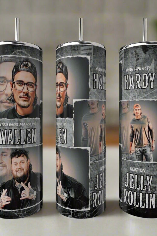 The Kreative Kreationz Morgan Wallen | Jelly Roll 20oz Tumblers are eco-friendly, reusable stainless steel cups with collage designs of men in casual clothes and hats, featuring the phrase: “When Life Gets Hardy, Keep on Jelly Rollin', If Your Back's Against the Wallen.”.