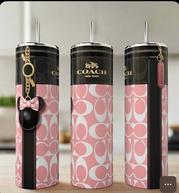 Three 20oz Coach Pink Minnie Skinny Tumblers by Kreative Kreationz, each with straw, feature pink and white Coach patterns with black accents. Includes a Minnie Mouse keychain and a pink Coach tag—eco-friendly luxury for your kitchen.