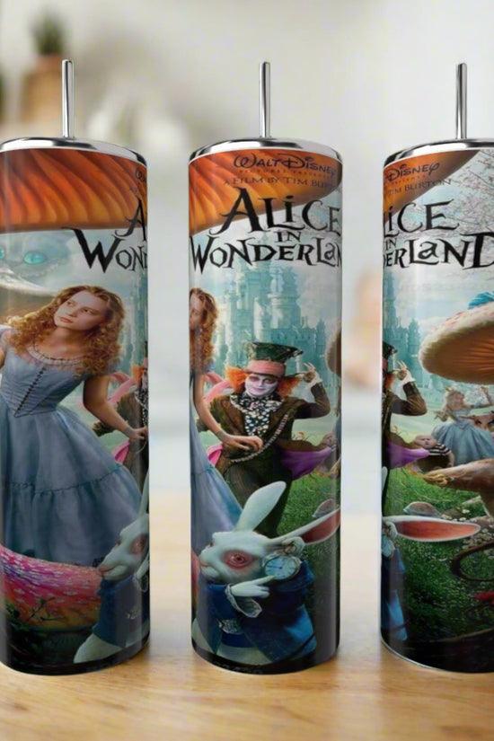 The Alice in Wonderland 20oz Tumbler by Kreative Kreationz features vibrant artwork of classic characters and offers an eco-friendly, reusable way to enjoy your favorite drinks.