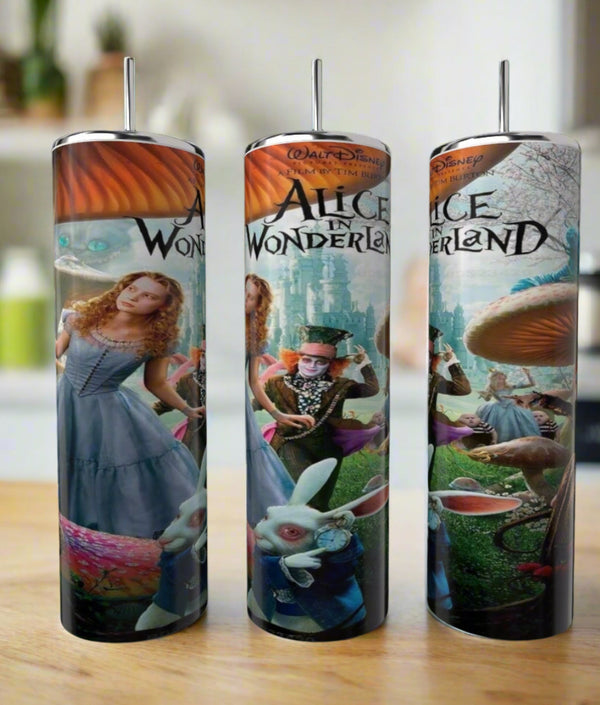 The Alice in Wonderland 20oz Tumbler by Kreative Kreationz features vibrant artwork of classic characters and offers an eco-friendly, reusable way to enjoy your favorite drinks.