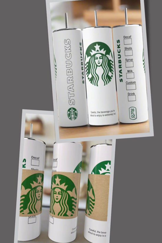 Two images feature 20oz Starbucks Hot Cup skinny tumblers by Kreative Kreationz: one with logos and drink customization boxes, the other with a large mermaid logo and cardboard sleeve. Both include a reusable straw.