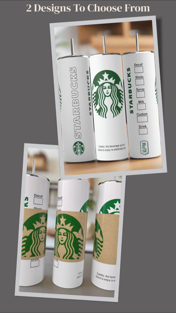 Two images feature 20oz Starbucks Hot Cup skinny tumblers by Kreative Kreationz: one with logos and drink customization boxes, the other with a large mermaid logo and cardboard sleeve. Both include a reusable straw.