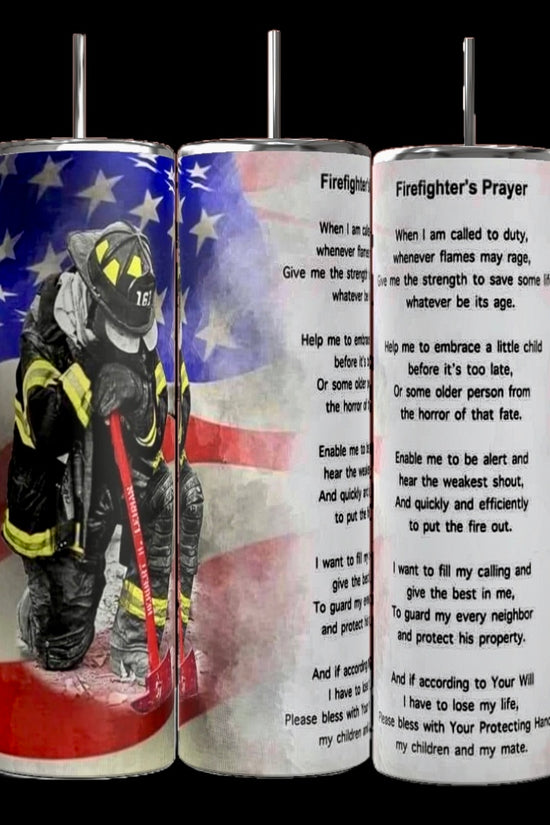 This image displays three cylindrical objects: a sublimated tumbler featuring a firefighter kneeling, another with an American flag, and the Kreative Kreationz Firefighter Prayer 20oz Tumbler. Each boasts durable construction, ideal for honoring those who serve.
.