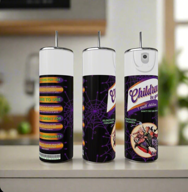Three Kreative Kreationz Hocus Pocus Children Spray 20oz Tumblers feature purple Halloween-themed designs with spider webs and vintage trick-or-treaters. Each stainless steel tumbler includes a white lid and straw; a kitchen is blurred in the background.