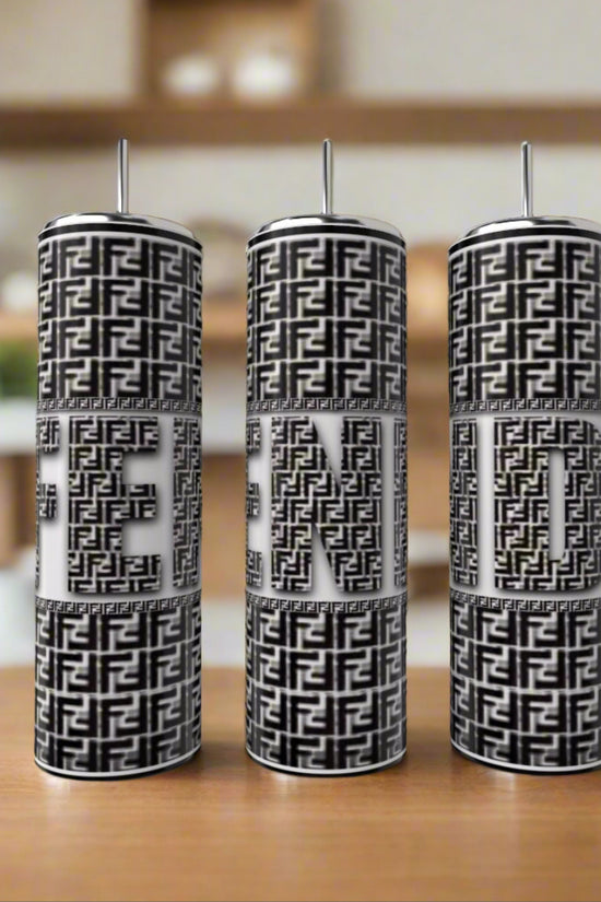 The Kreative Kreationz FENDI Black 20oz Skinny Tumblers feature black-and-white geometric patterns that spell out 