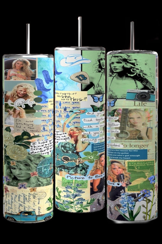 The Debut Collage Taylor Swift 20oz Tumbler by Kreative Kreationz features tall cylindrical art adorned with a collage of photos, handwritten notes, flowers, butterflies, and various drawings set against mixed backgrounds. Dominated by shades of green, blue, and white, the tumbler also showcases repeated images of a woman along with themes of nature and inspiration. Its durable construction guarantees lasting beauty.