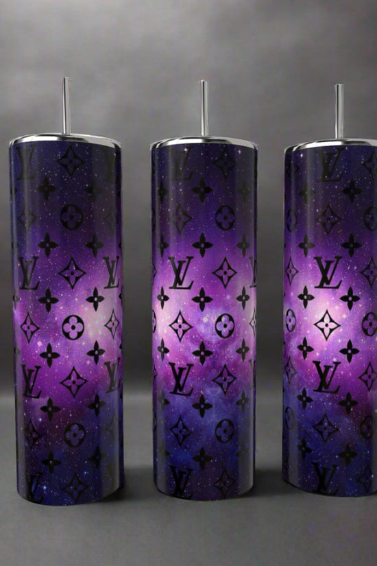 Three LV Cosmo 20oz Skinny Tumblers from Kreative Kreationz stand side by side, showcasing a stunning purple galaxy design with black floral patterns and 