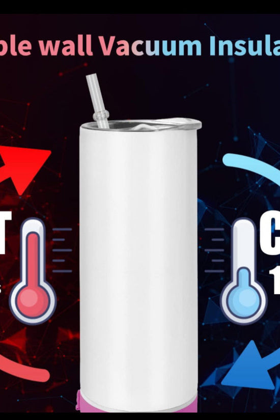 The Kreative Kreationz Fire Rescue 20oz Skinny Tumbler is shown with a straw between red and blue backgrounds, featuring double wall vacuum insulation to keep drinks hot for 6 hours or cold for 12 hours. Eco-friendly and reusable stainless steel design.