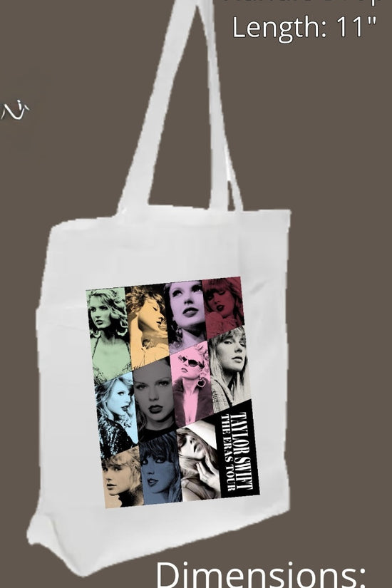The Eras Tote Bag by Kreative Kreationz is a white canvas bag with colorful portrait collage, ideal for Swifties. It has an 11