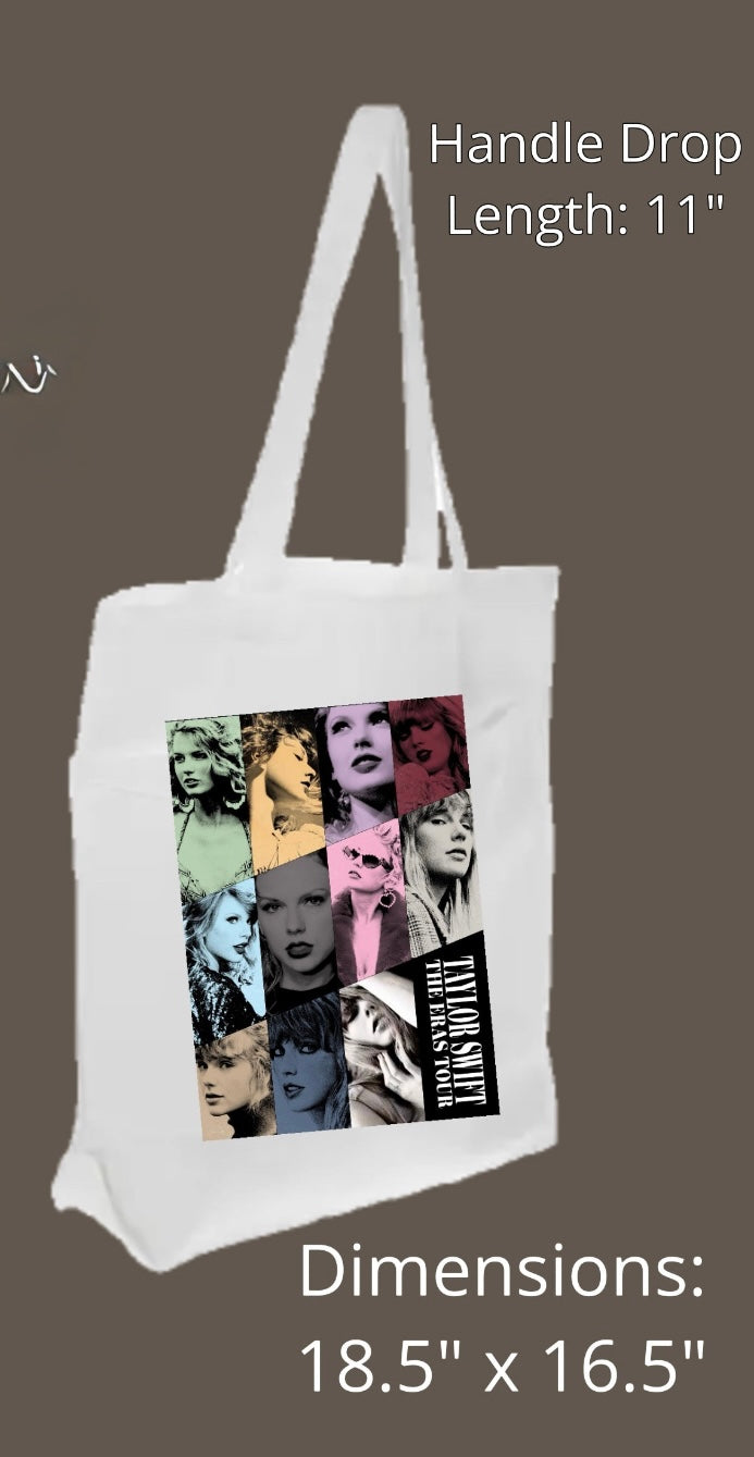 The Eras Tote Bag by Kreative Kreationz is a white canvas bag with colorful portrait collage, ideal for Swifties. It has an 11" handle drop length and measures 18.5" x 16.5".